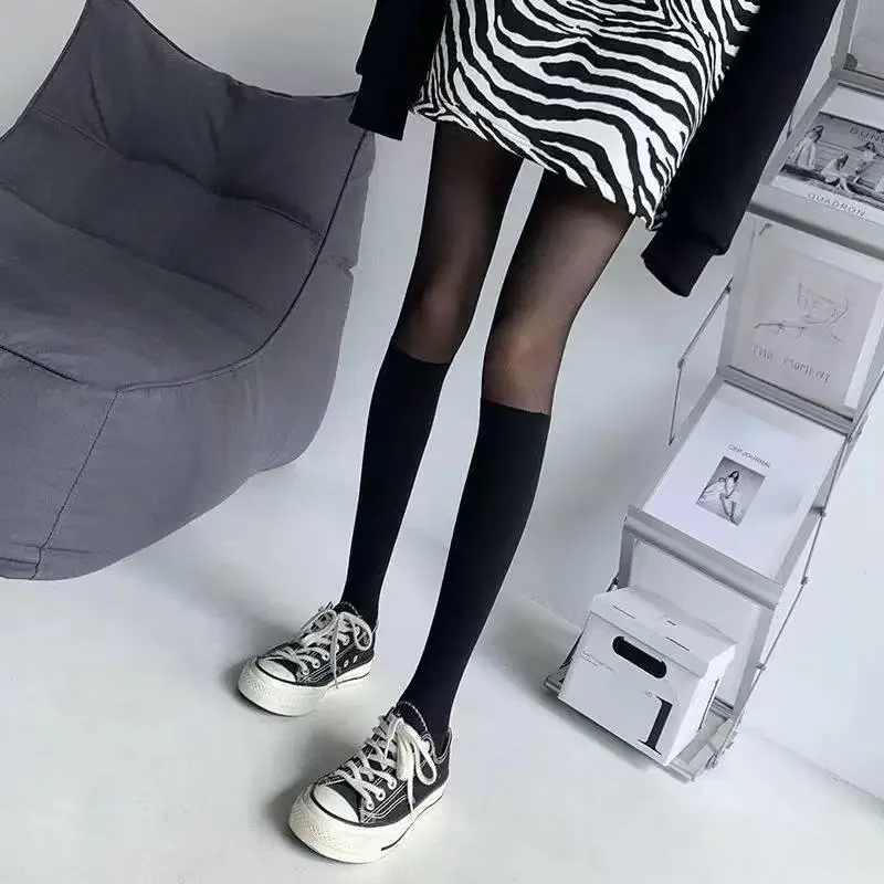 セクシーな女性タイツストッキングパッチワーク薄手の黒腿の高ストッキングノベルティ衣装ロリータ少女膝ストライプストッキング