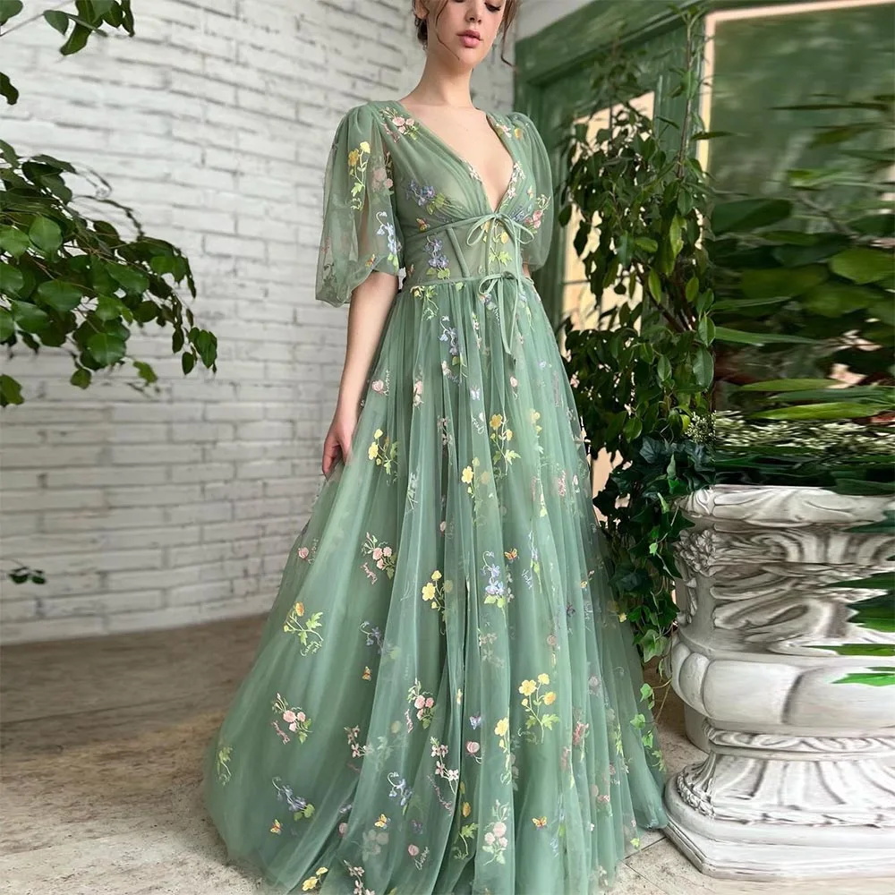 

Sevintage Green Embroidery Lace Prom Dresses Puff Sleeves A-Line Long Wedding Party Gowns Open Back Tulle Evening Dress 2022