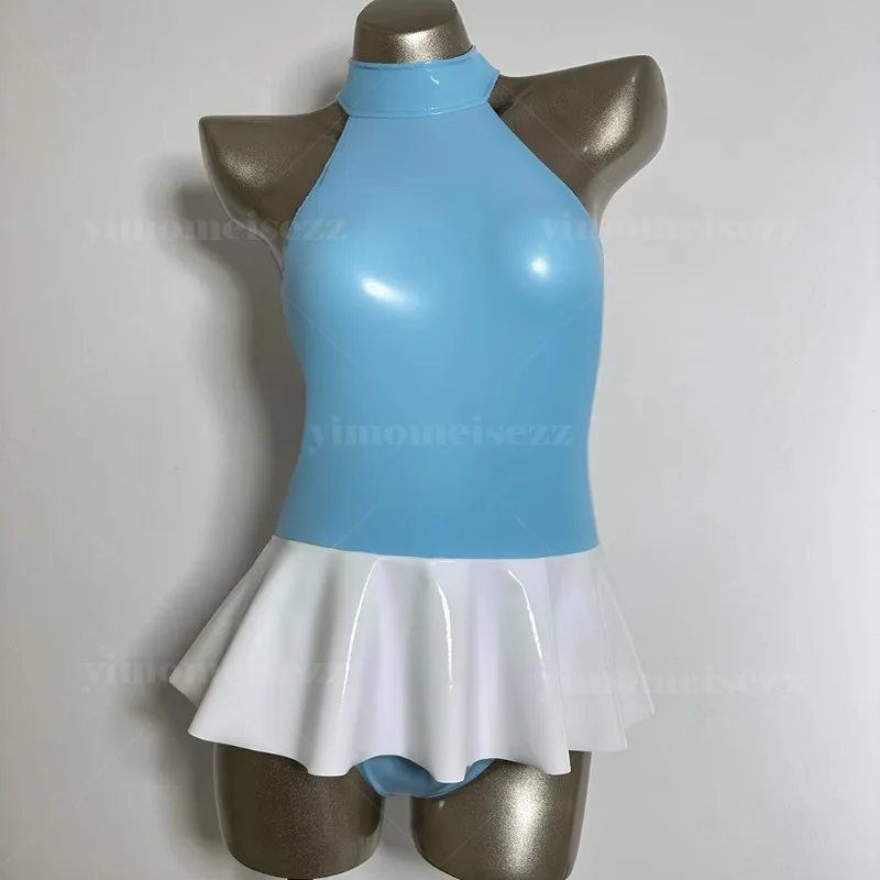 Personalizado pendurado pescoço macacão palco desempenho vestido sexy sem costas outfit plissado borda mini saia espelho material brilhante