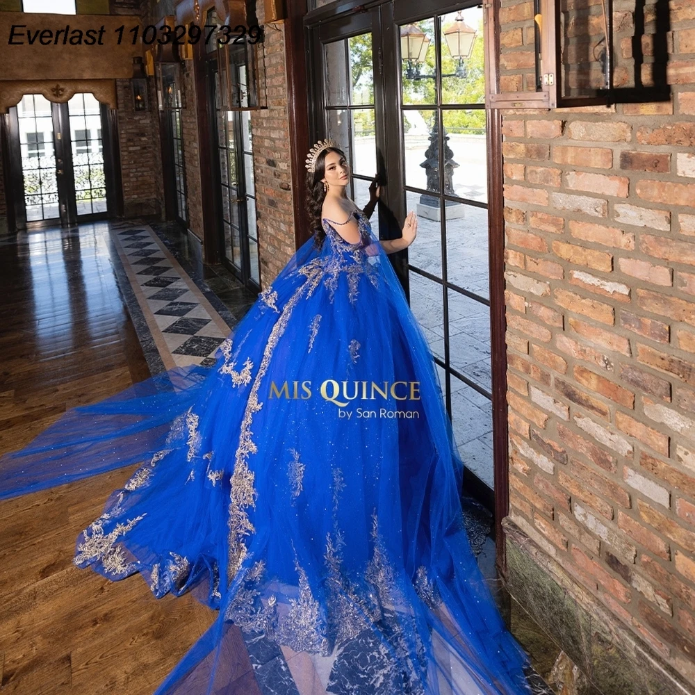 EVLAST Royal Blue Quinceanera Dress Ball Gown Gold Lace Applique Beads Cape Corset Sweet 16 Vestido De 15 Anos Customized QD1191