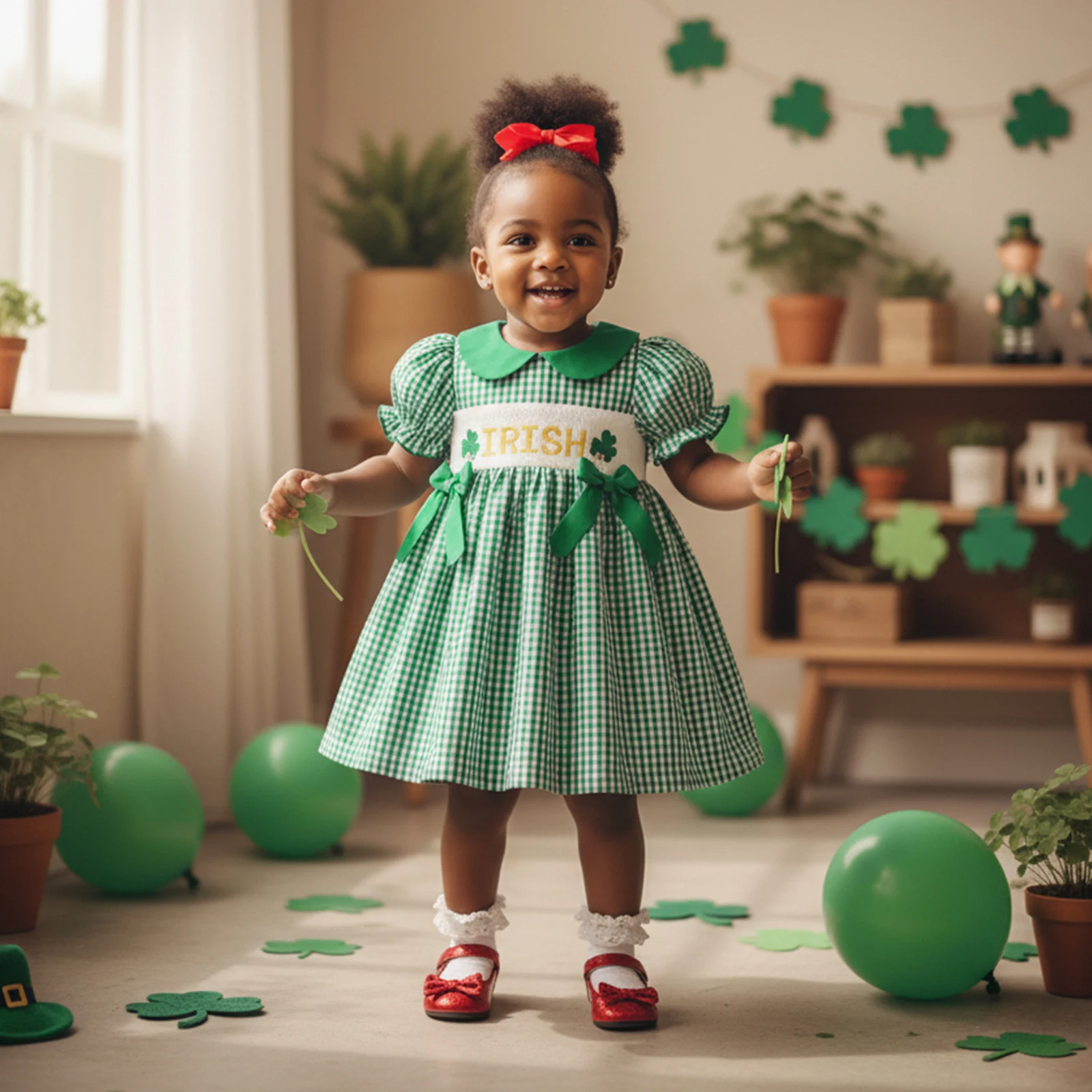 Little Girls A-line Plaid Dress Irish Day Short Sleeve Doll Collar Clover Letter Embroidery Dress