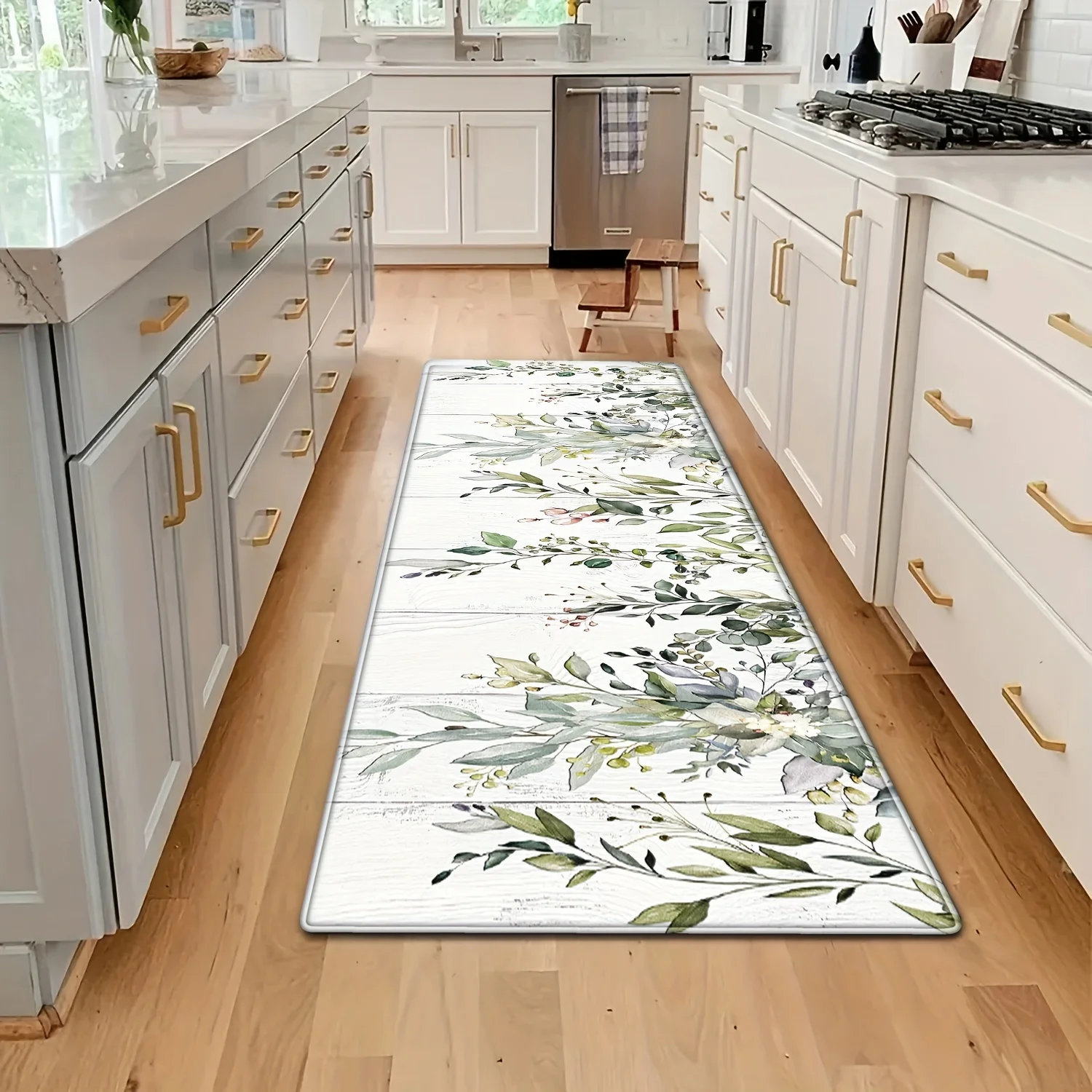 VIKAMA Flowers and Plants Kitchen Mat, Eucalyptus Leaf Wood Pattern Runner Rug, Laundry Room, Bathroom, Outdoor and Indoor Decor