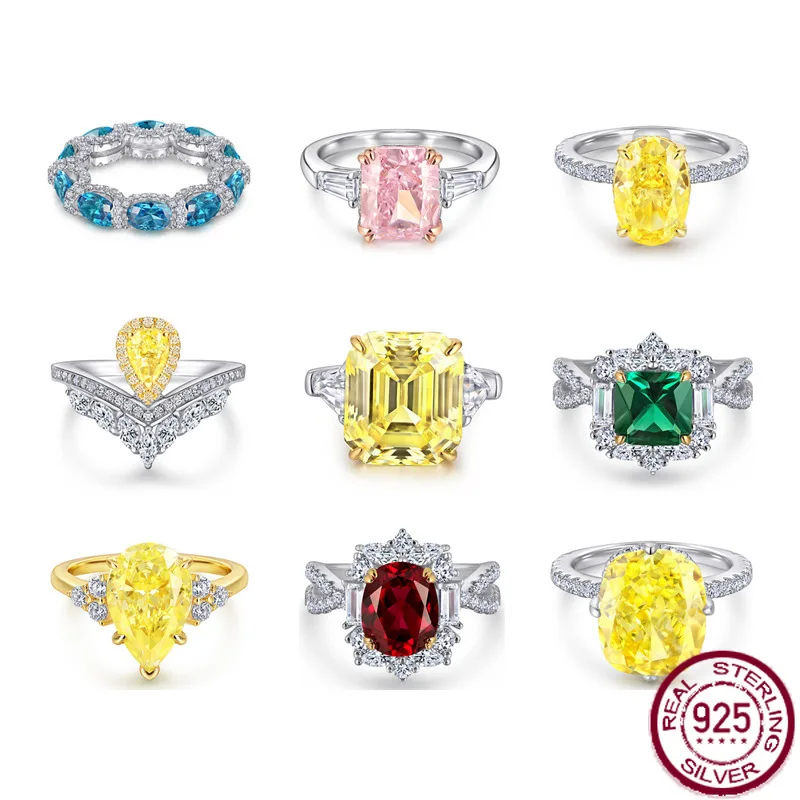 S925 Pure Silver Ring Women's Ice Flower Cut High Carbon Diamond Colorful Treasure Ring Anniversary Commemorative Gift