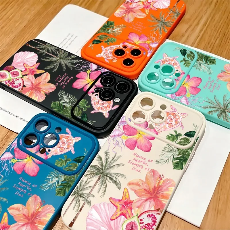 Tropical Hibiscus Sea Turtle Print Phone Case For iPhone 17 16 15 14 13 12 11 Pro Max Plus Soft Shockproof TPU Cover - view 2