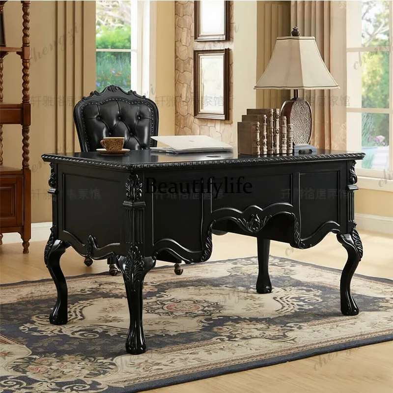 French solid wood boss desk medium antique black home study retro computer desk writing desk