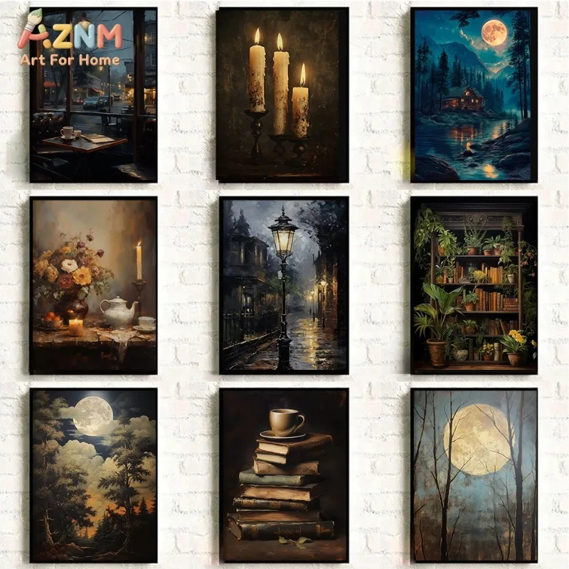 AZNM Cuadros de Lona Estilo Academia Oscura, Impresiones de Arte de Pared con Bosque al Luz de la Luna, Farola Vintage, Velas, Estantería, Pósters de Cafetería para Ambientes Melancólicos