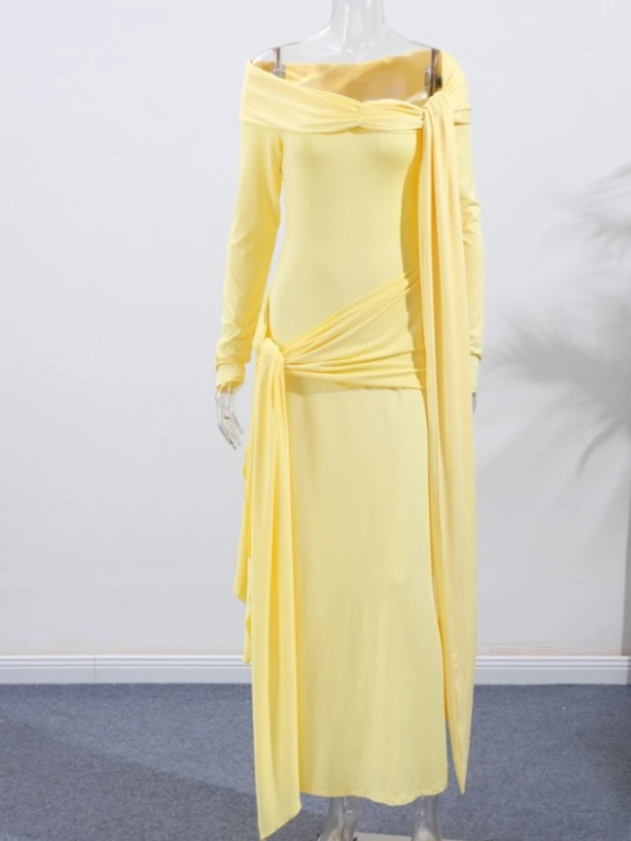 VGH Solid Sexy Party Long Dresses for Women Slash Neck Off The Shoulder Long Sleeve Tunic Patchowrk Bandage Bodycon Dress Female