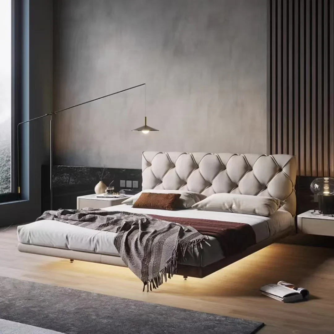 

# Горячий для современной кровати размера «king-size», роскошные плавающие итальянские кровати из натуральной кожи, полноразмерная мебель для спальни, домашняя мебель, комплект кровати размера «queen-size»
