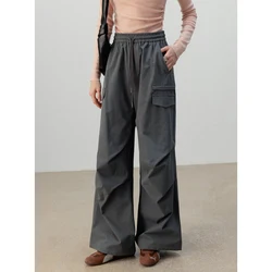 Eggka Solid Color Highwaisted Casual Pants Female Elastic Waist Long Pants Commuter Loose Wide-Legged Pants Gray 2024 Autumn