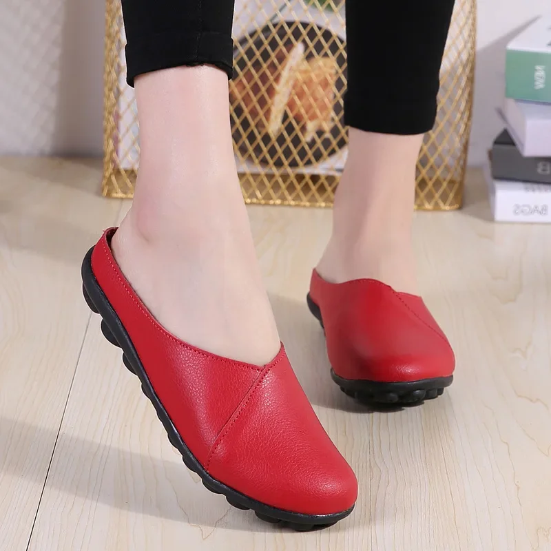 2024 New Summer Outside Genuine Leather Comfortable Round Toe Solid Casual Sewing Woman Slippers Sandals Flats Slides