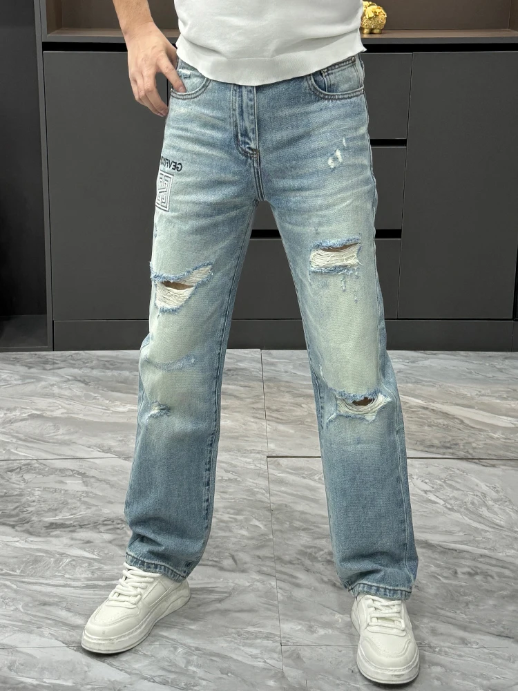 

Men's Summer New Style Casual Blue Jeans Destroyed Wide Leg Pants Straight Cut Loose Fit Versatile mid Waist Zipper Closure