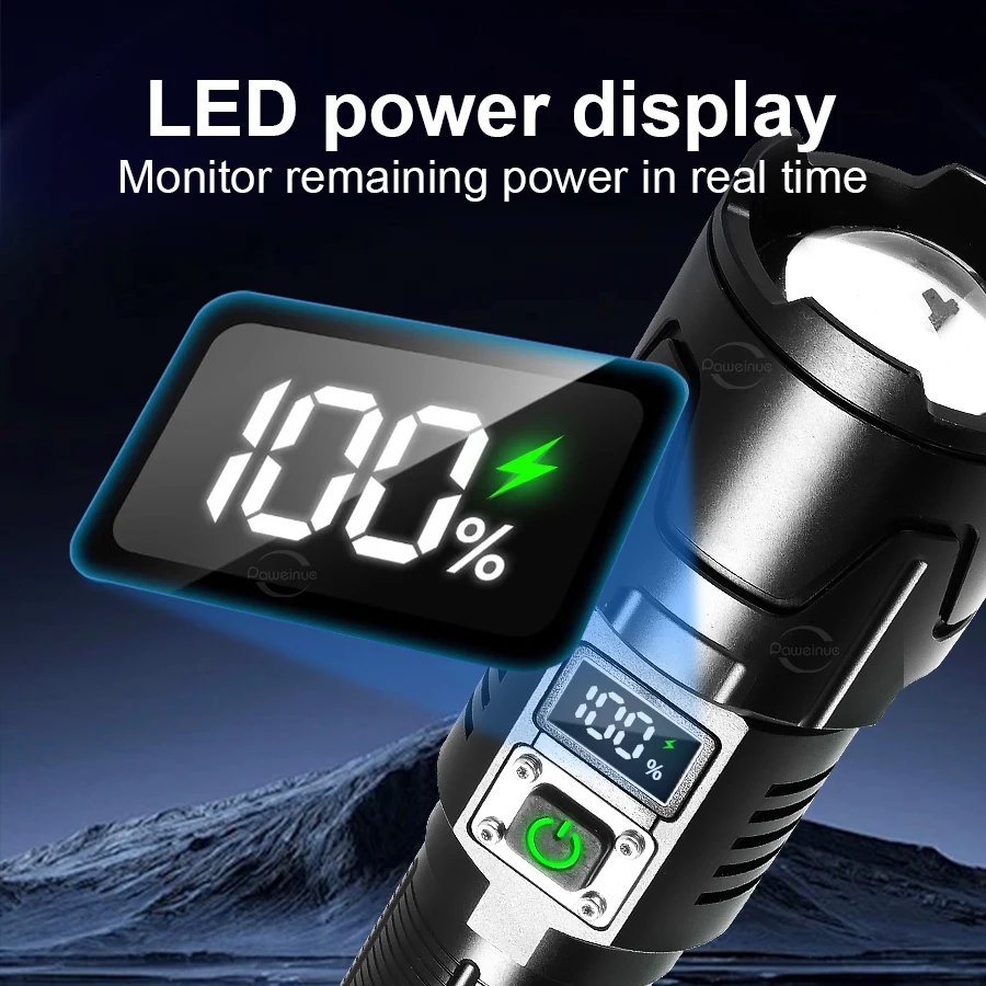 Most Powerful Long Shot LED Flashlight Zoomable Tactical Torch 18650 26650 Battery High Power Lamp Lantern Digital Power Display