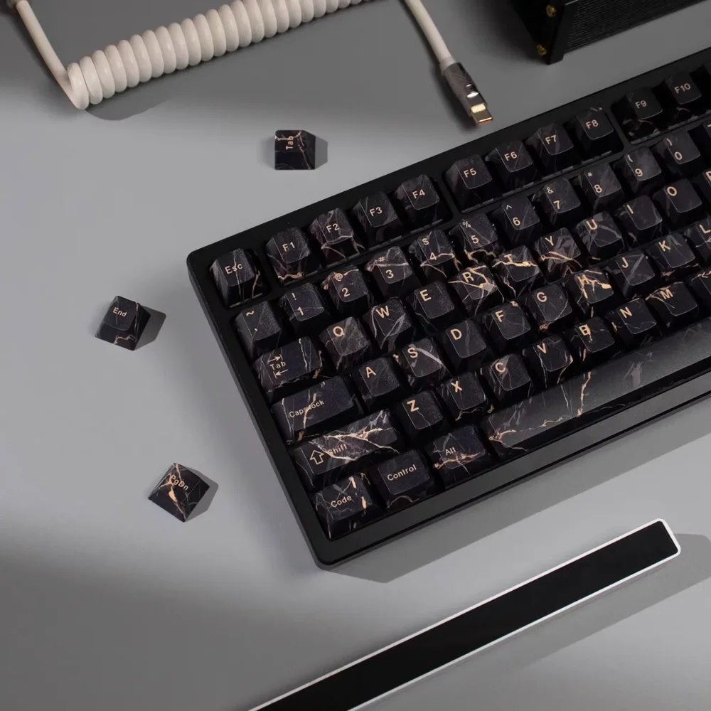 Black Marble Keycaps PBT 129 Keys Cherry Creative for 60/84/98/108 Mechanical Keyboards