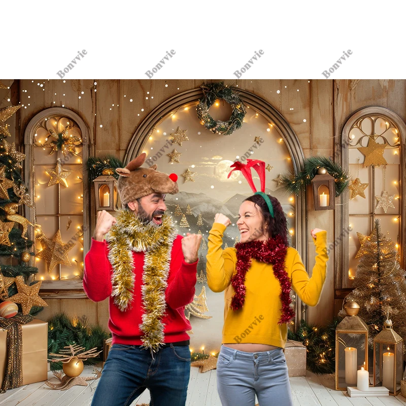 Bonvvie Photography Background Winter Christmas Glitter Forest House Xmas Tree Kids Family Portrait Decor Backdrop Photo Studio