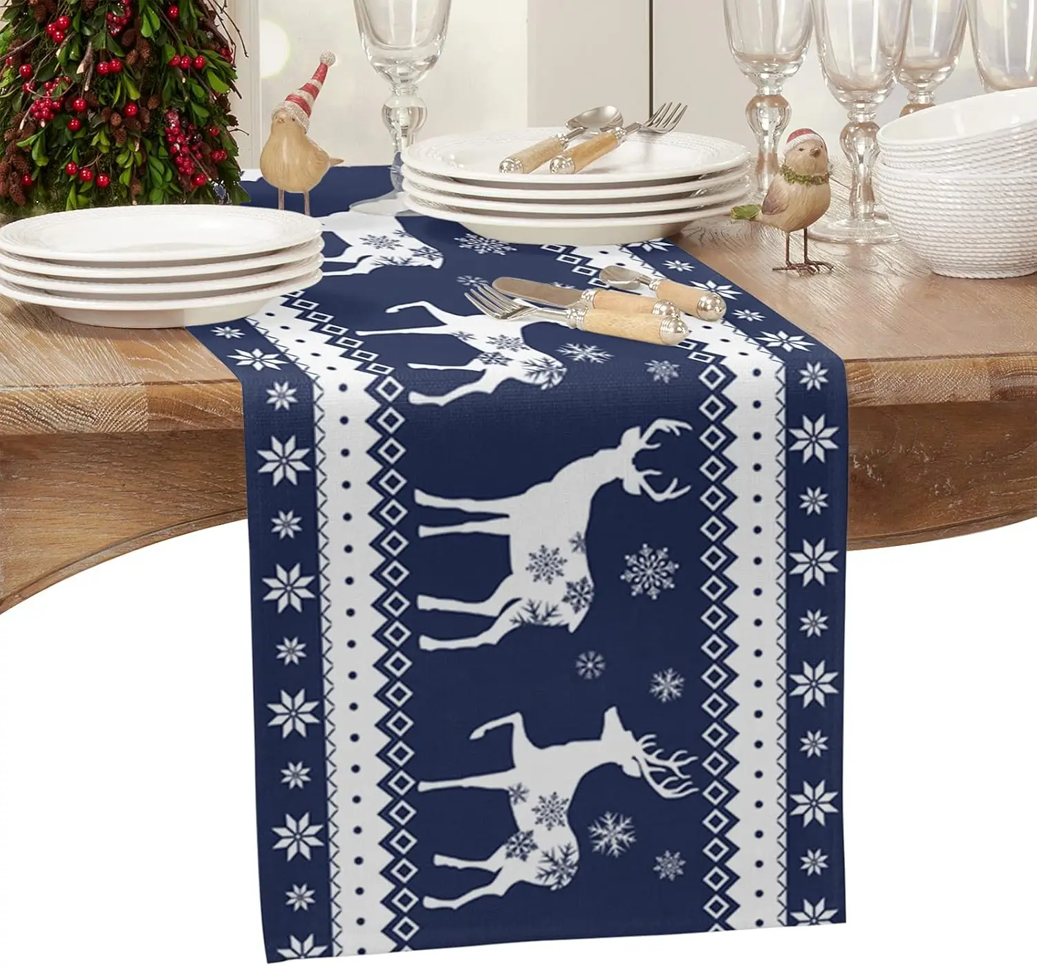 Christmas Elk with Blue Art Snowflake Linen Table Runners Home Decor Reusable Kitchen Home Dining Table Runners Party Supplies