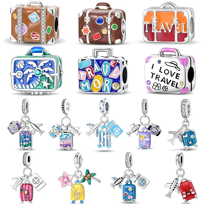 925 Sterling Silver Fashion Colorful Travel Luggage Charms Beads Fit Original Bracelets DIY Anniversary Jewelry for Wome