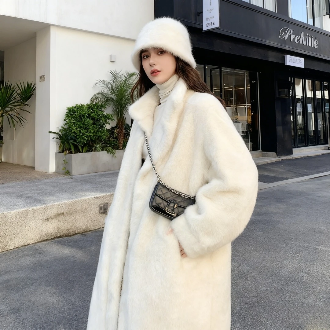 Thick Faux Fur Jacket Women Colorblock Autumn Winter Maxi Coat Long Warm Luxury White Belt Fur Parkas Bontjas Furry Outerwear