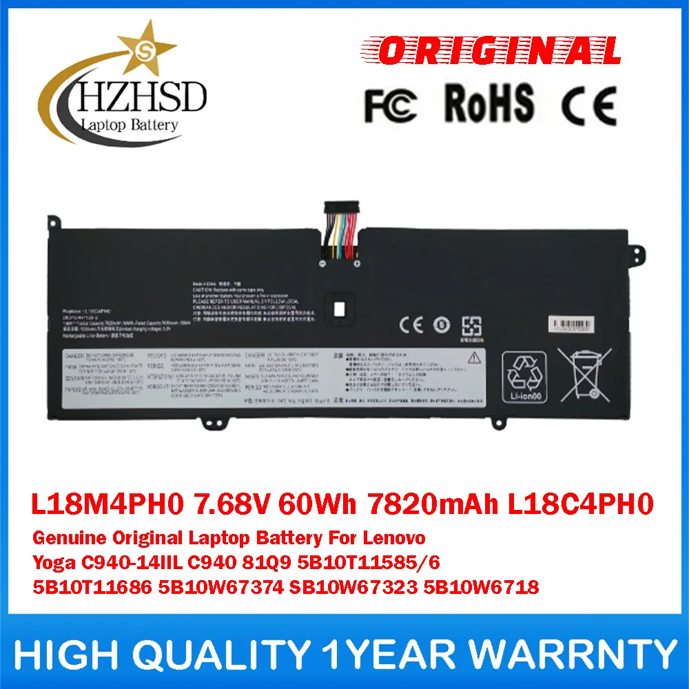 L18M4PH0 7.68V 60Wh 7820mAh L18C4PH0 Genuine Original Laptop Battery For Lenovo YogaC940-14IIL C940 81Q9 5B10T11585/6 5B10T11686
