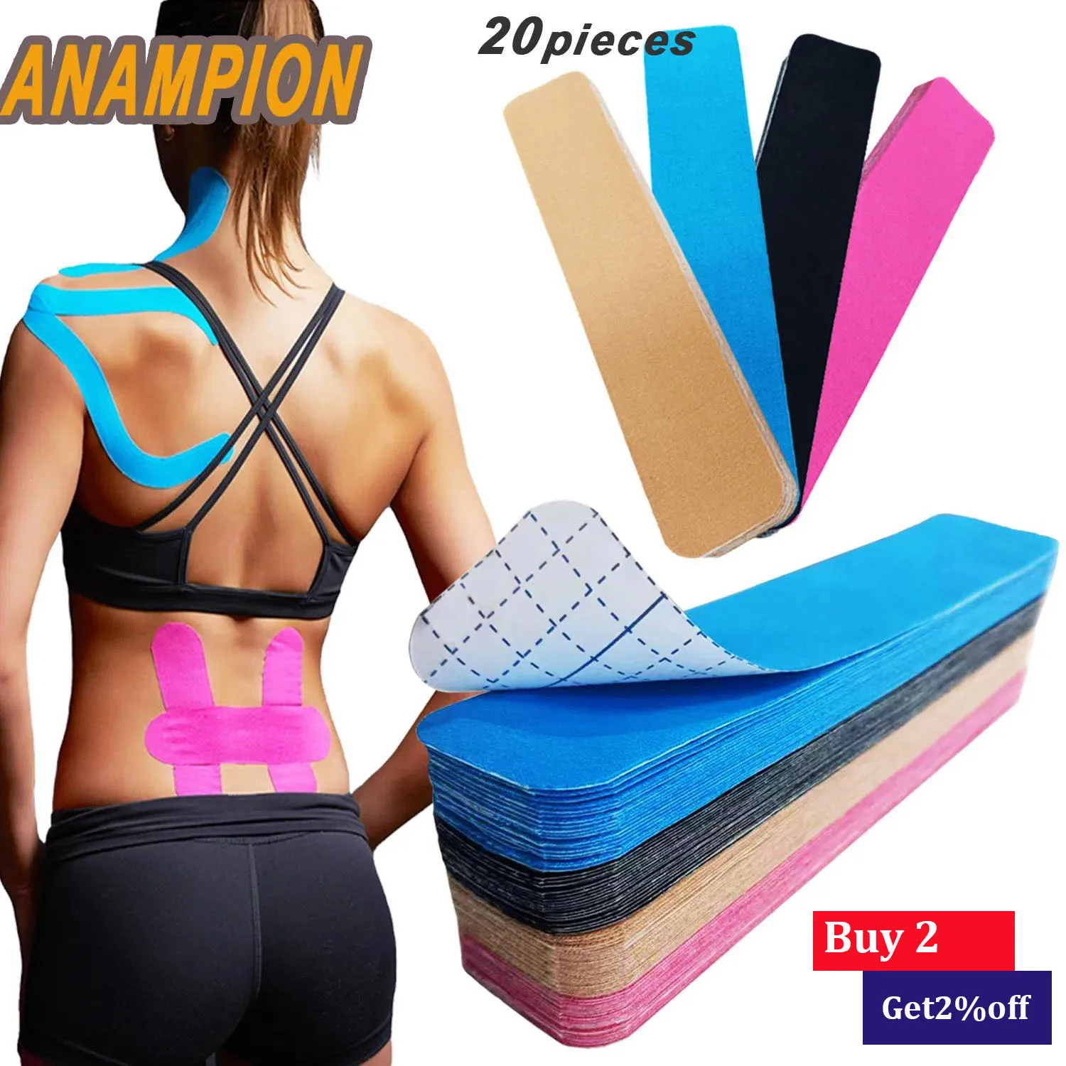 Kinesiology Tape Pro Athletic Sports (20 Precut Strips) Waterproof Elastic Adhesive Tape Muscle Pain Relief Joint Support