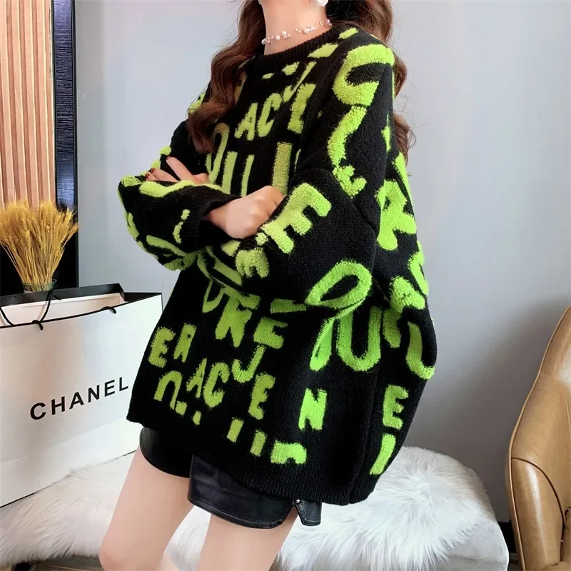 Pullovers Women Autumn Winter Lamb Wool Tops Oversized Korean Style Loose Contrasting Colors Letter Jacquard Pullover Sweaters