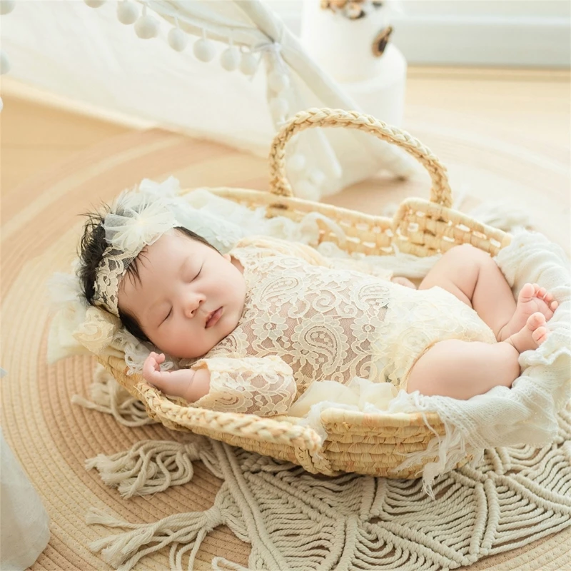 Lace Baby Romper+Bow Headband Newborn Photography Props Outfit Fluffy Mesh Lace Jumpsuit for Baby Girls Studio Photo Accessories