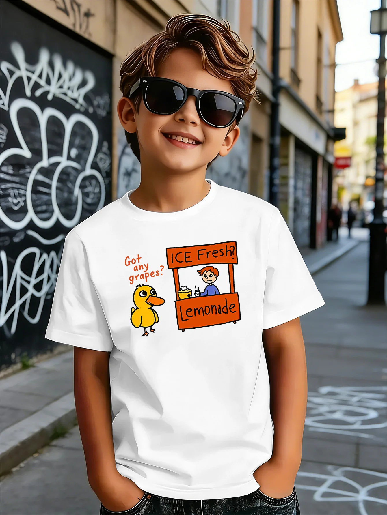 Cute Cartoon Duck Lemonade Stand Art Print Boys Girls Family Matching Cotton Short Sleeve Crew Neck Soft Summer Kids Casual Tees