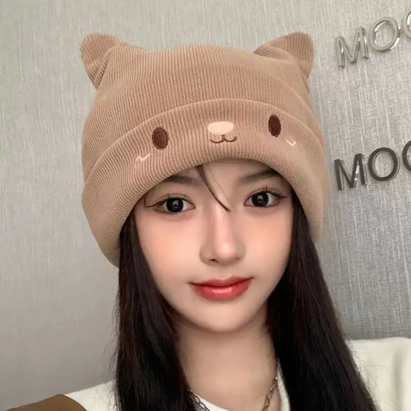 New Women Autumn Winter Cute Cap Hat Female Cartoon Bear Ears Lady Girl Kawaii Knitted Crochet Beanies Hat Cap For Women