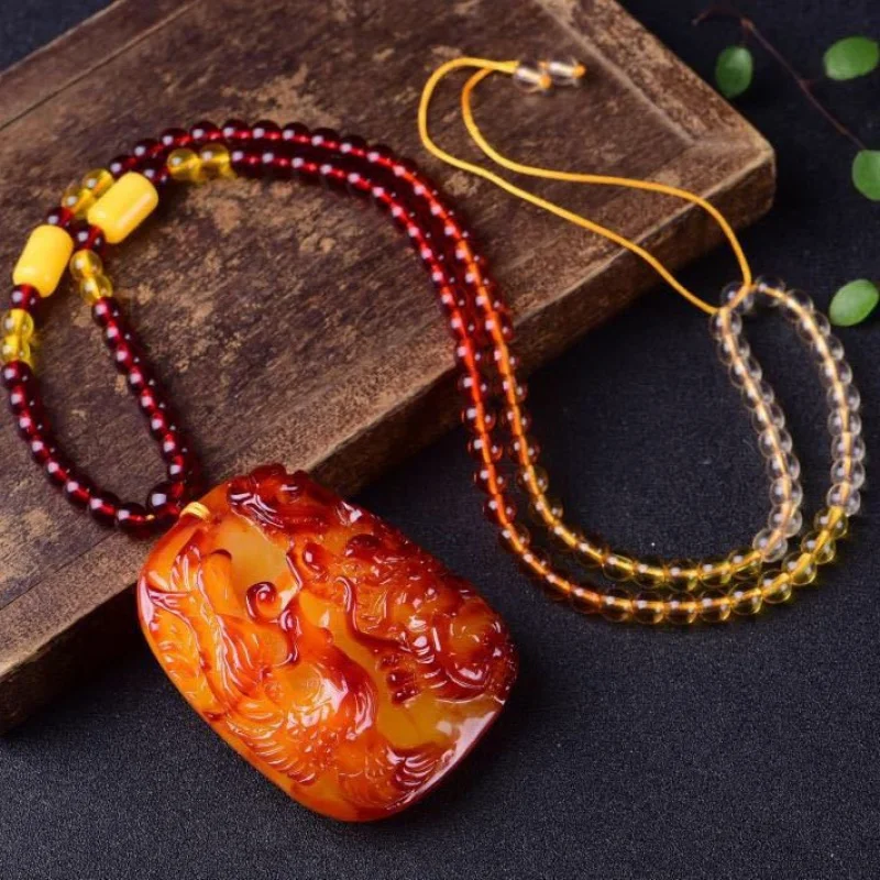 Live Streaming Drainage Gift Exhibition Amber Beeswax Dominica Blue Amber Pendant Necklace Men's and Women's Sweater Chain