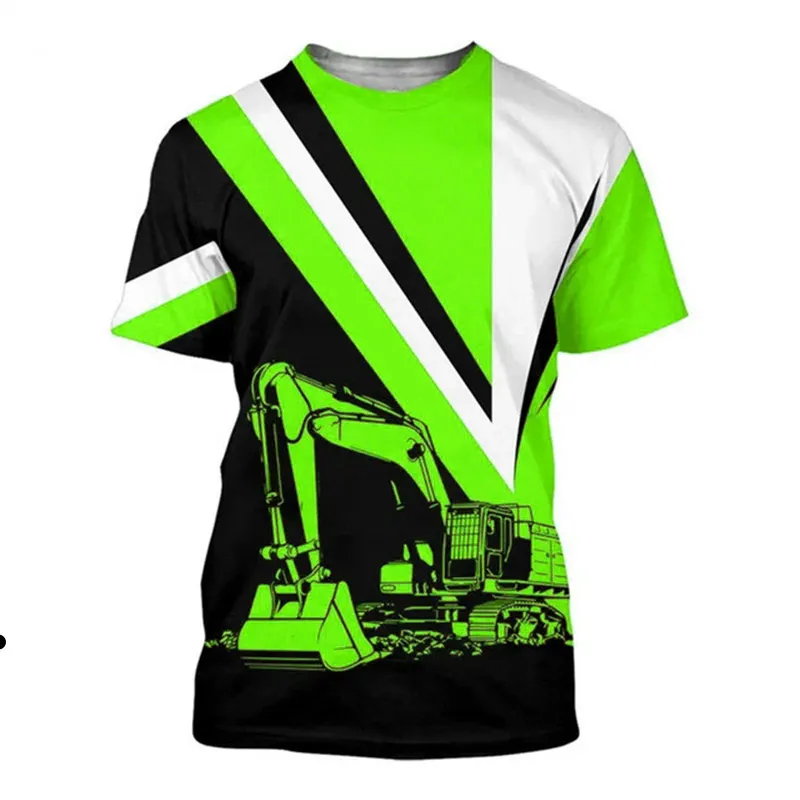 Excavator Engineering Car 3d Printing Summer Men'S Short Sleeve Fashion Outdoor Leisure Quick Drying Loose O Collar Work Clothes