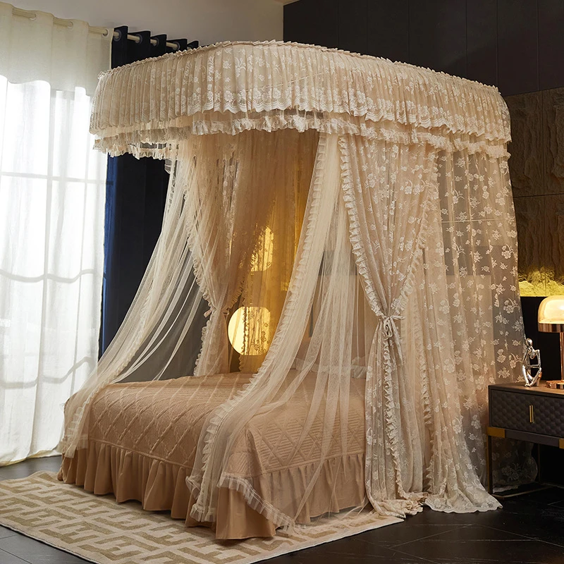 Vintage Palace Style Mosquito Net U-Shaped Track Double Layer Lace 3 Doors Floor Standing Princess Bed Canopy