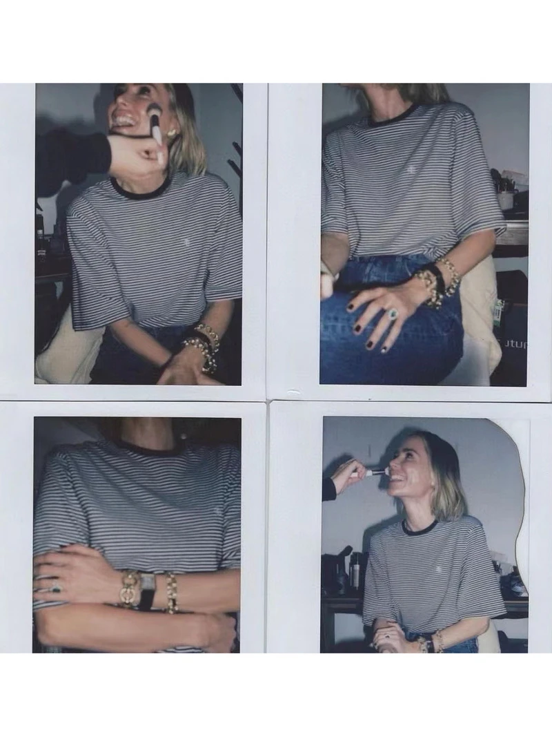 

YN High-End Faion Letter Embroidery Casual Loose Bla White Stripe round Ne ort Sve T-irt Women's Cotton Tee