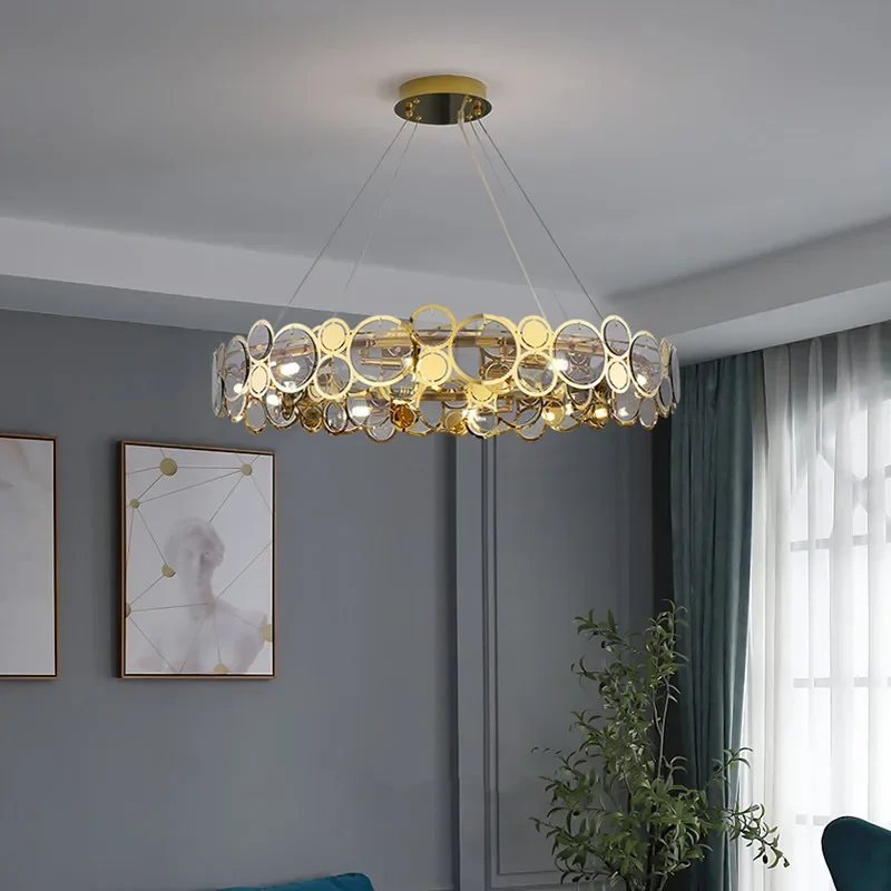 

Postmodern Luxury Crystal Chandelier Living Room Bedroom Kitchen Island Round Hanging Lamp Restaurant Study LED Pendant Fixtures