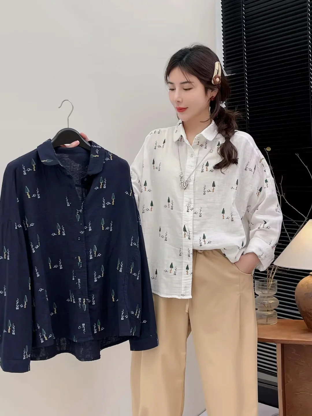 

Double layers 100% cotton yarn tree printed blouse woman new collection 2024 Japan style loose white blouse long sleeve tops