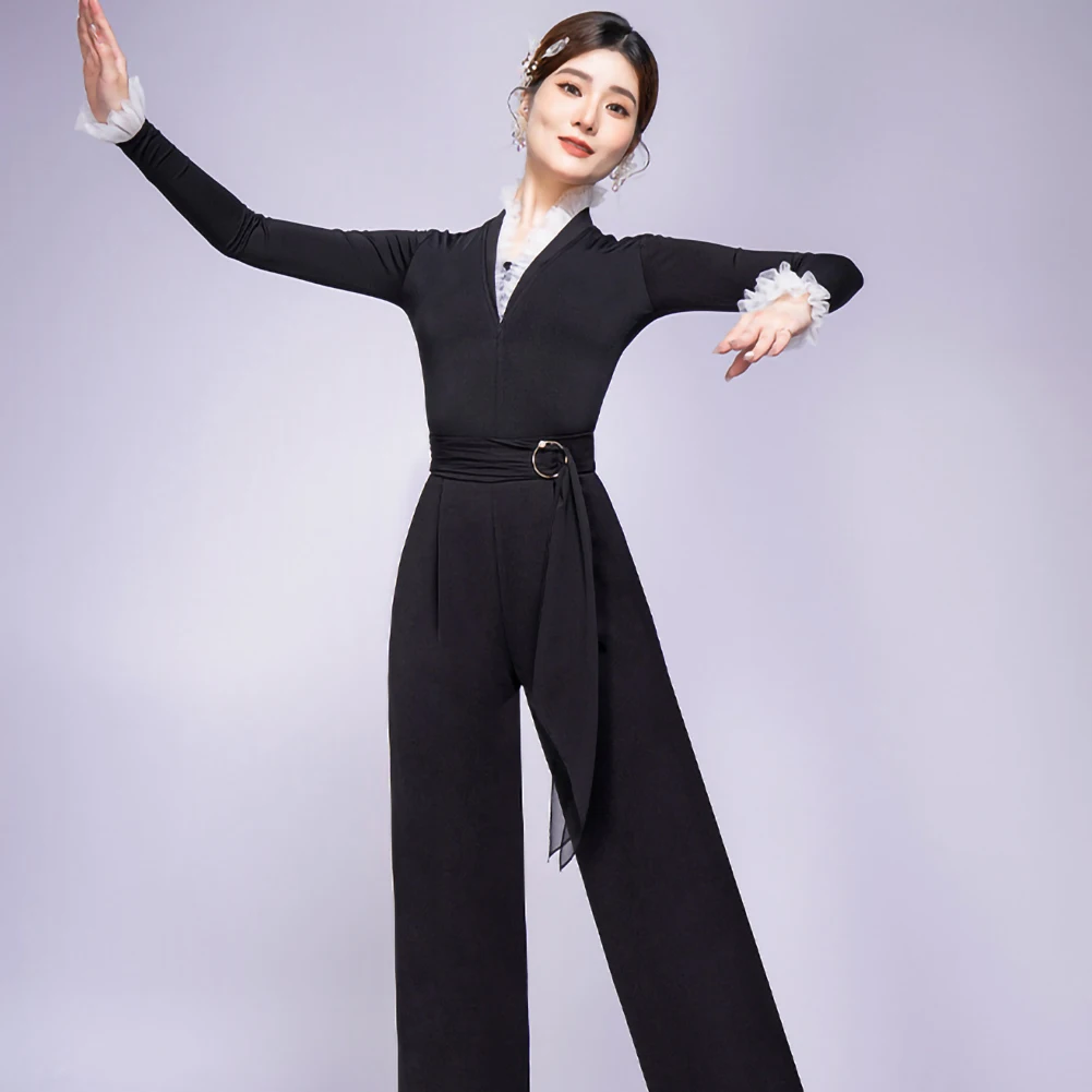Black Cha Cha Dance Ball Top Slim-fit Slimming New Women's Top Long-sleeved Clothing New V-neck Practice Clothes
