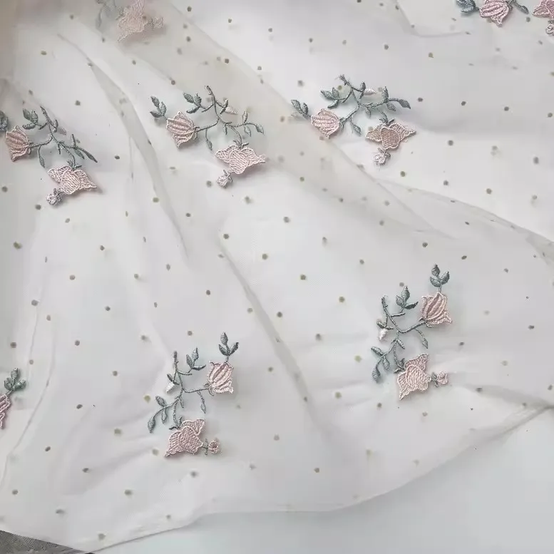 Apricot pink mesh flocking embroidery lace fabric orchid embroidery dress for women skirt doll dress material