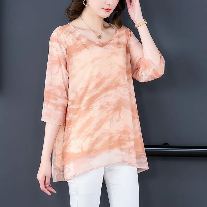 Commute Fashion Gauze Spliced T-shirt Women\'s Clothing Korean Loose Printed Casual Half Sleeve Summer Round Neck Midi Pullovers