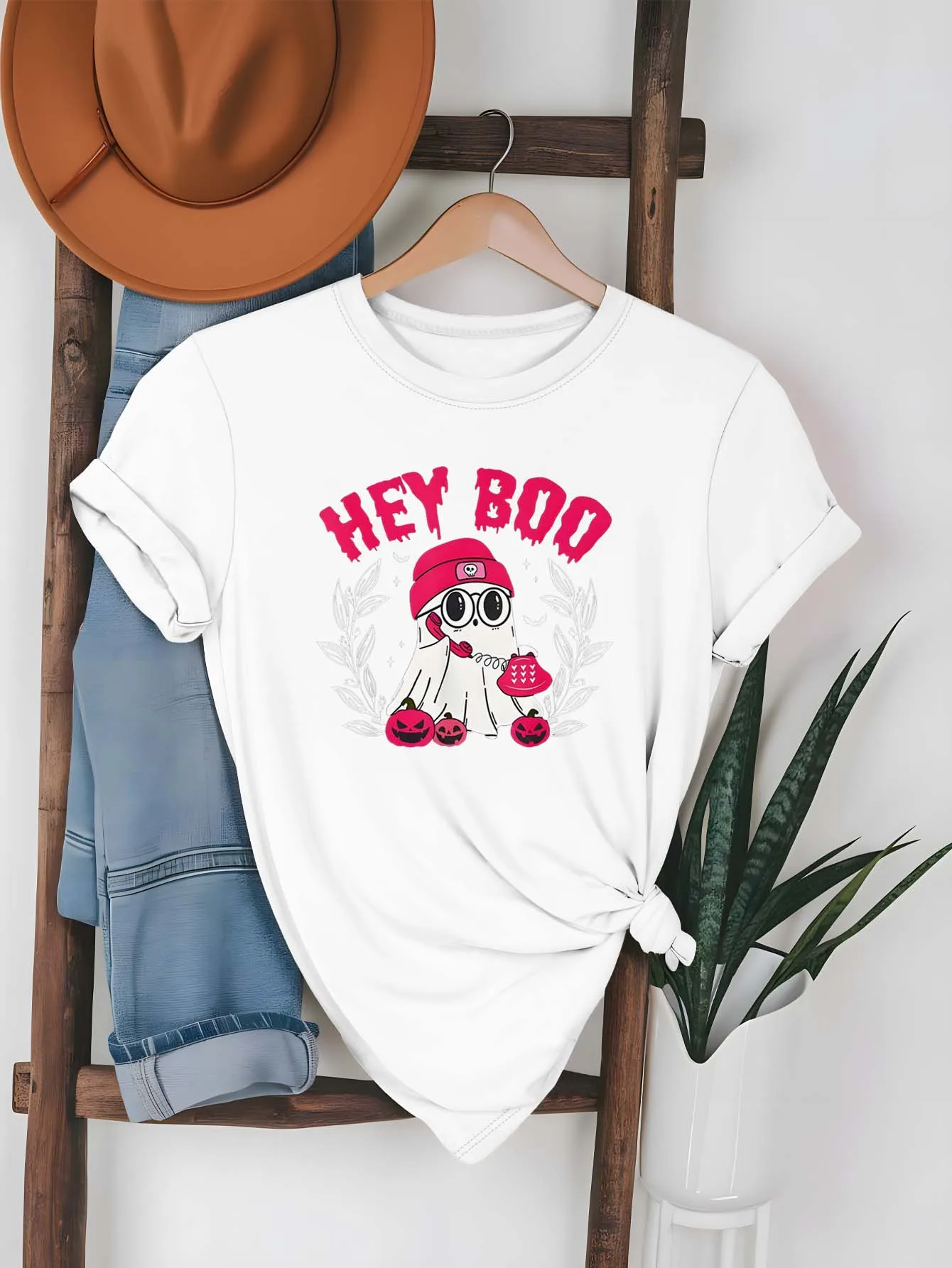 Plus Size Cute Ghost Graphic Apparel Featuring Hey Boo Slogan And Festive Elements