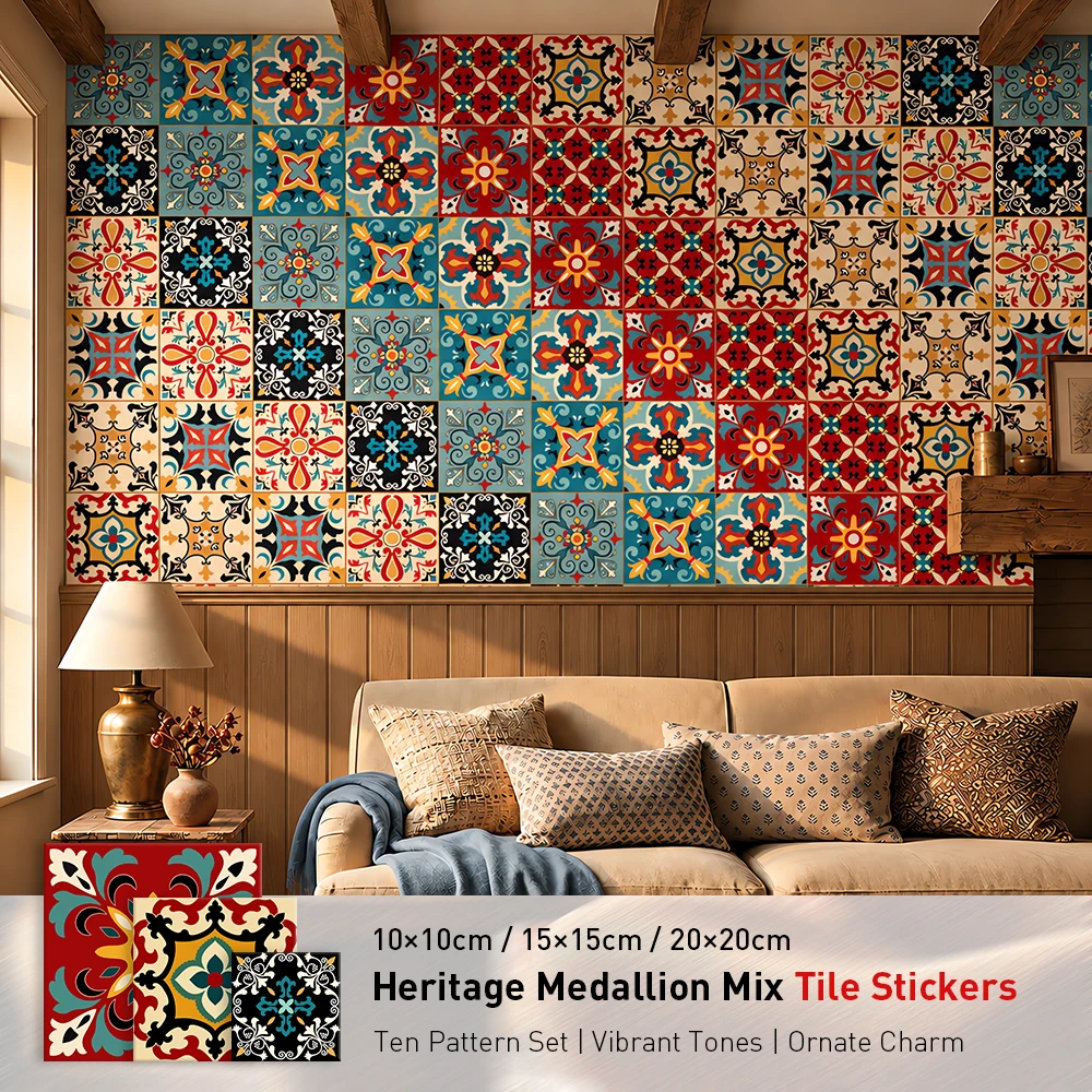 Heritage Medallion Mix Tile Stickers, Vintage Floral Self Adhesive Decals, Vibrant Waterproof Wall Decor for Home Renovation