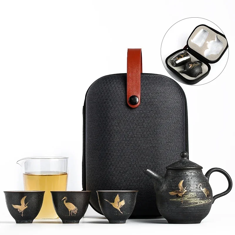 black crockery ceramic teapot with 3 cups flying crane portable travel tea set drinkware