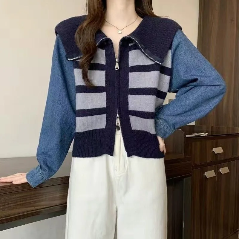 

Lazy Style Large Lapel Striped Short Cardigan for Women in Autumn Design Versatile Loose Sweatshirt Jacket