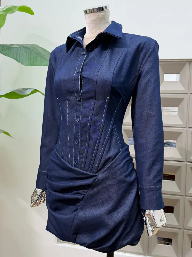 DFDG Abito da ufficio primavera estate 2025 da donna Denim Blu finto in due pezzi con vita disossata Abito camicia a tubino increspato Abito dal design artigianale