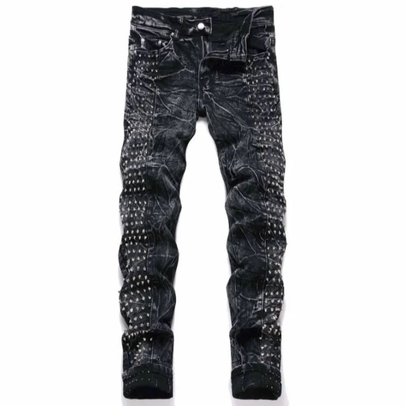 2025 new retro punk high street trendy rivet design black slim fit buckle men's jeans fashion classic denim pants