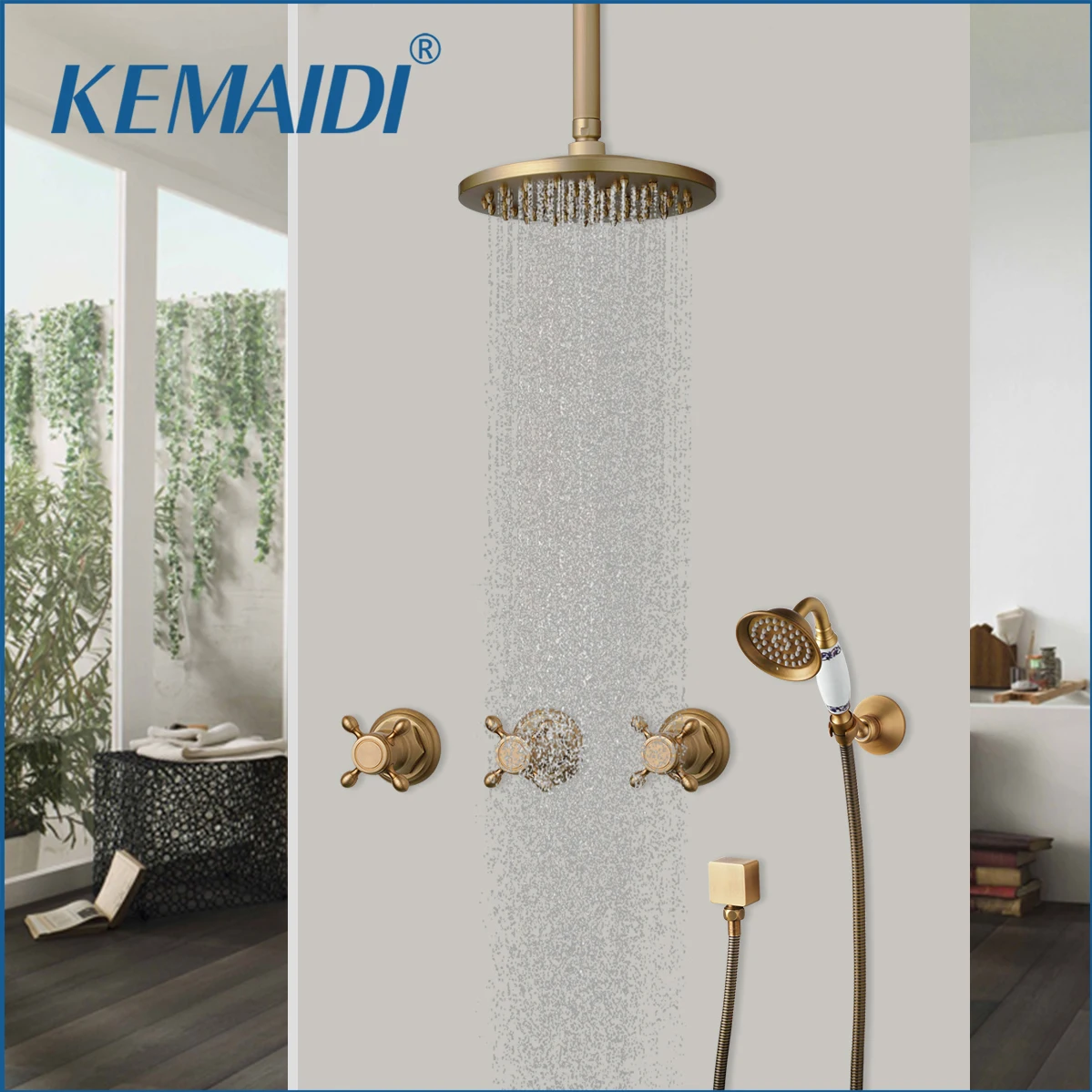 

KEMAIDI Antique Brass Shower Faucet Set Ceiling Mounted Rainfall Shower Systerm 3 Handles Mixer Tap with Handheld Shower Spray