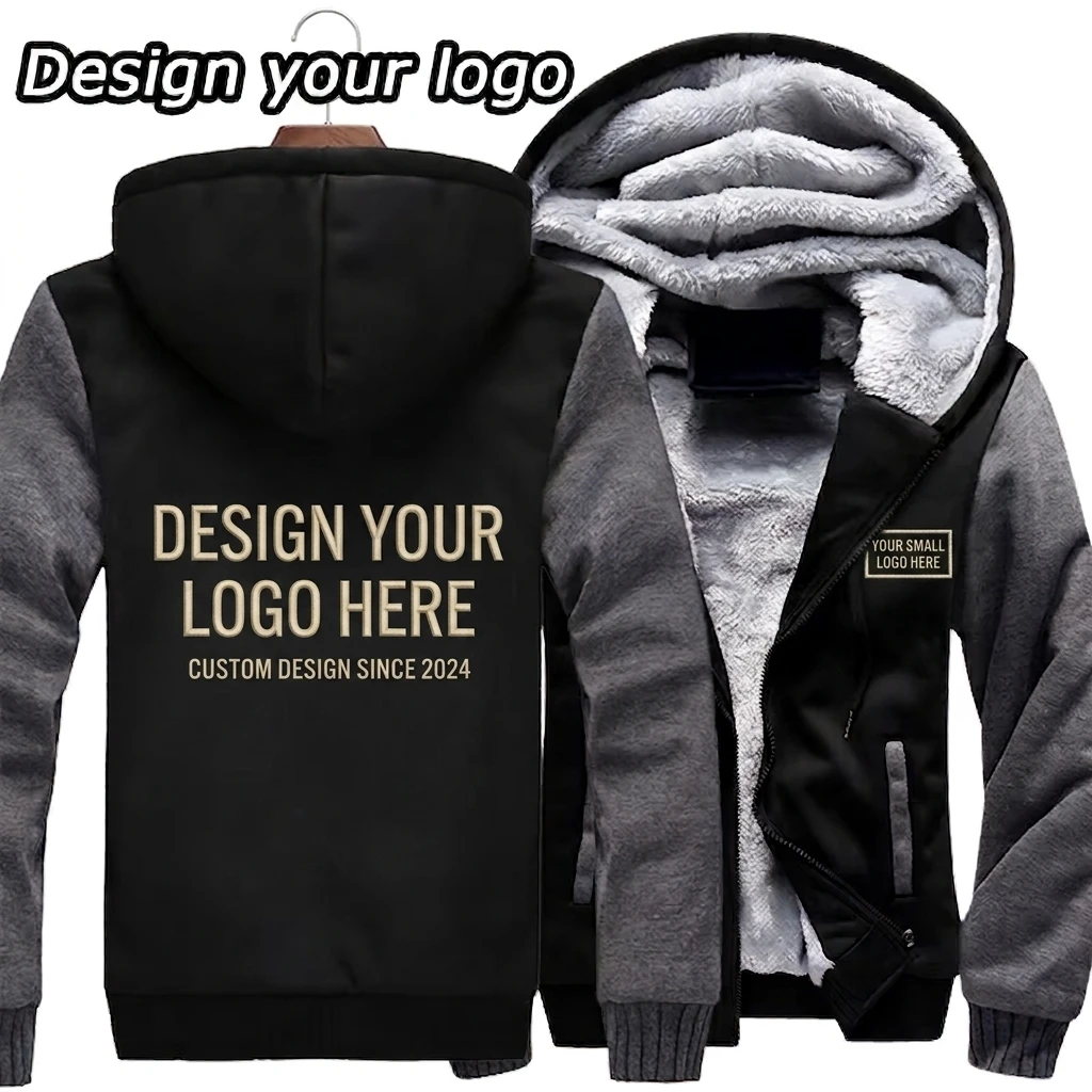 Custom Logo Design  Faux Fur Hoodies DIY Printed Winter Fleece Men Hooded Coat Customized Thicken Sweatshirt Jacket