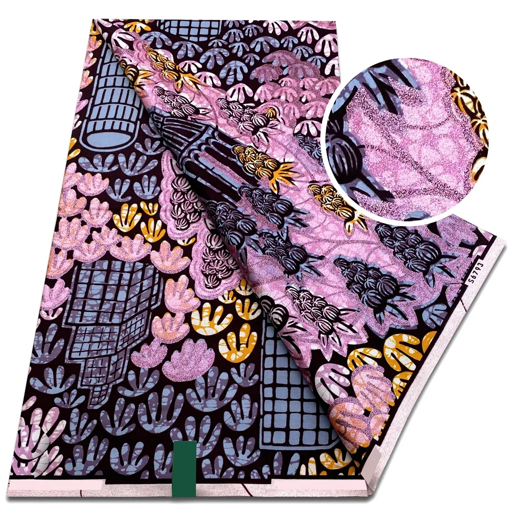 New Fashion African Grand Super Batik Flash Gold Print Fabric Ankara Wax Fabric Soft Real African Glitter Golden Fabric 6 yards