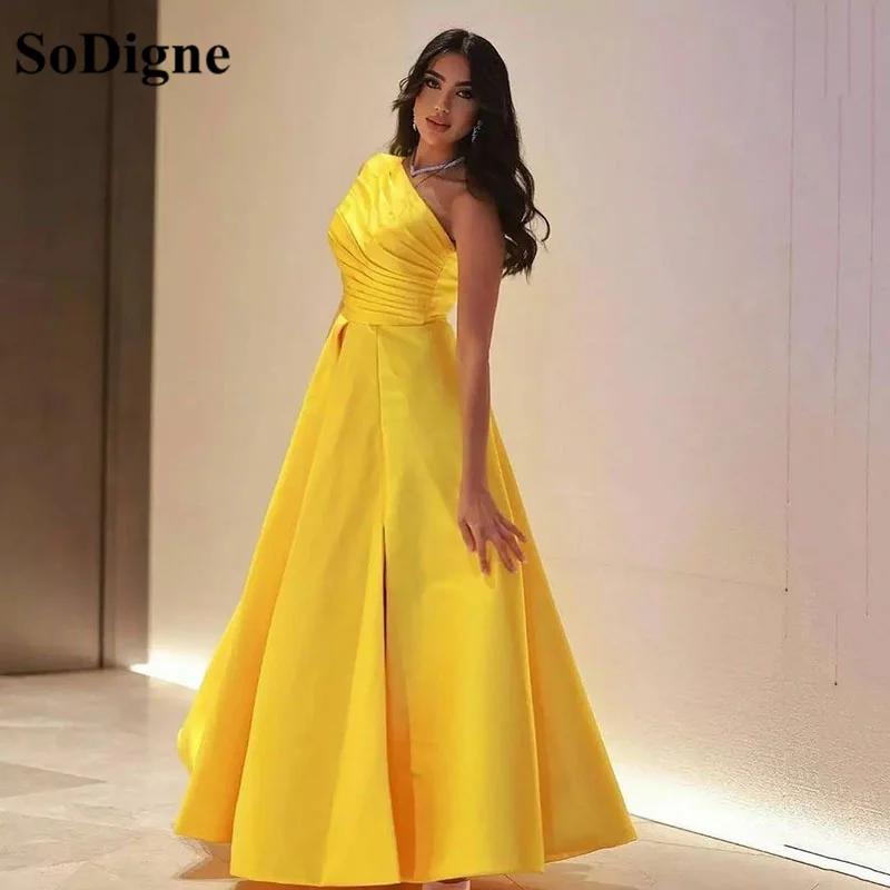 

SoDigne Yellow Satin Evening Dresses Sexy Slit One Shoulder Arabia Prom Gowns Formal Women Prom Party Dress 2022