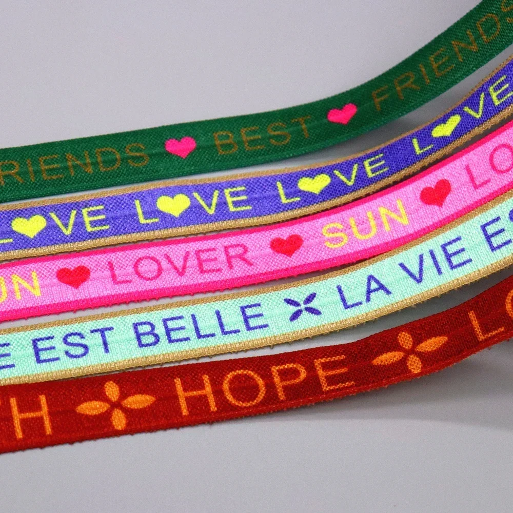 DHK 5/8\'\' 5yards Love Sun Hope Friend Printed Fold Elastic FOE Stretch Ribbon Accessories Craft DIY Sewing E2172