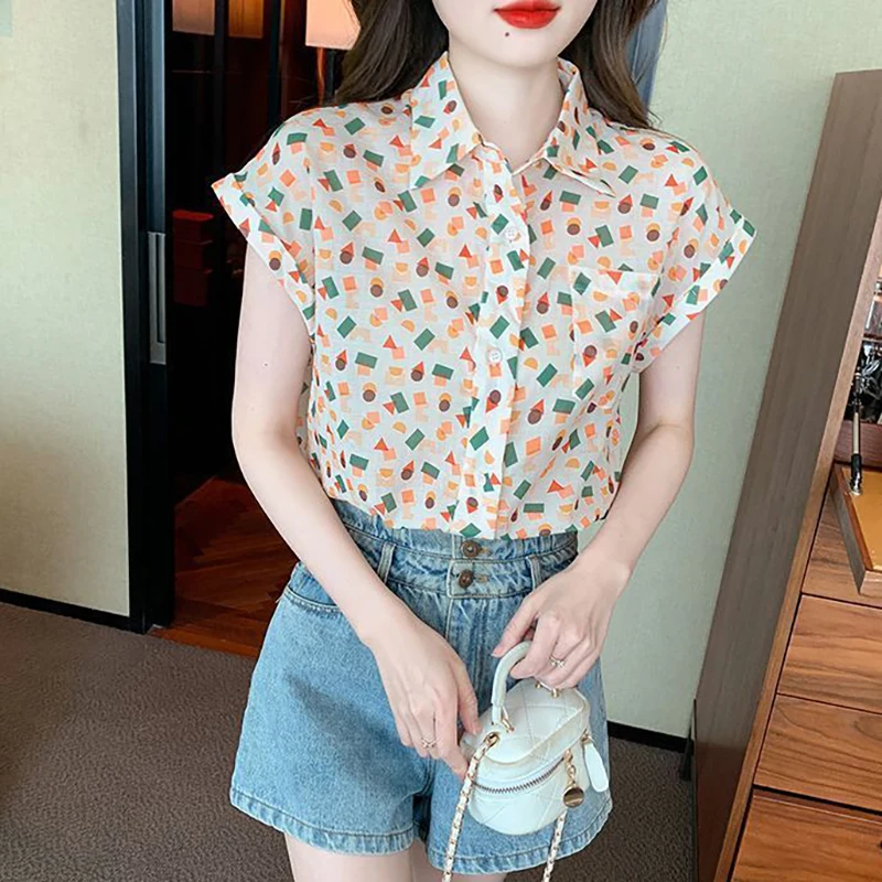 Fashion Lapel Pockets Printed Color Geometric Chiffon Shirts Female Clothing 2024 Summer New Loose Casual Tops Sweet Blouses