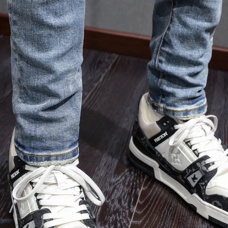 Y2K designer high street fashion new jeans washed with water nostalgic perforated patch light blue jeans high street hip-hop bra