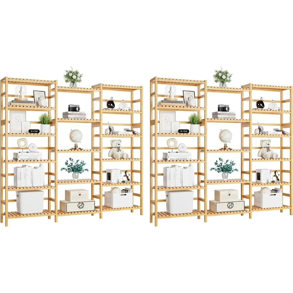 

6-Tier Triple Wide Bookshelf, 2-Piece Large Standing Display Shelves, 17 Open Storage Racks for Living Room, Natural